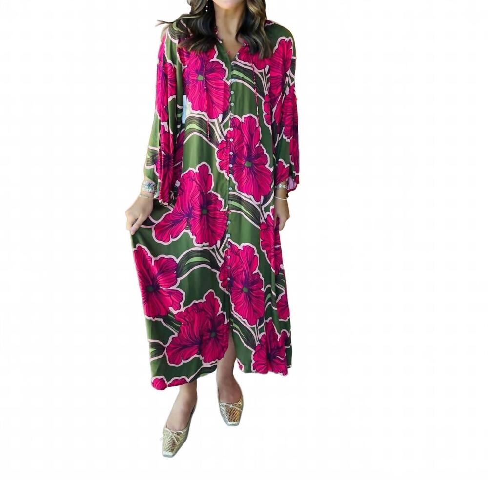 NEW KARLIE floral kaftan dress in olive and pink